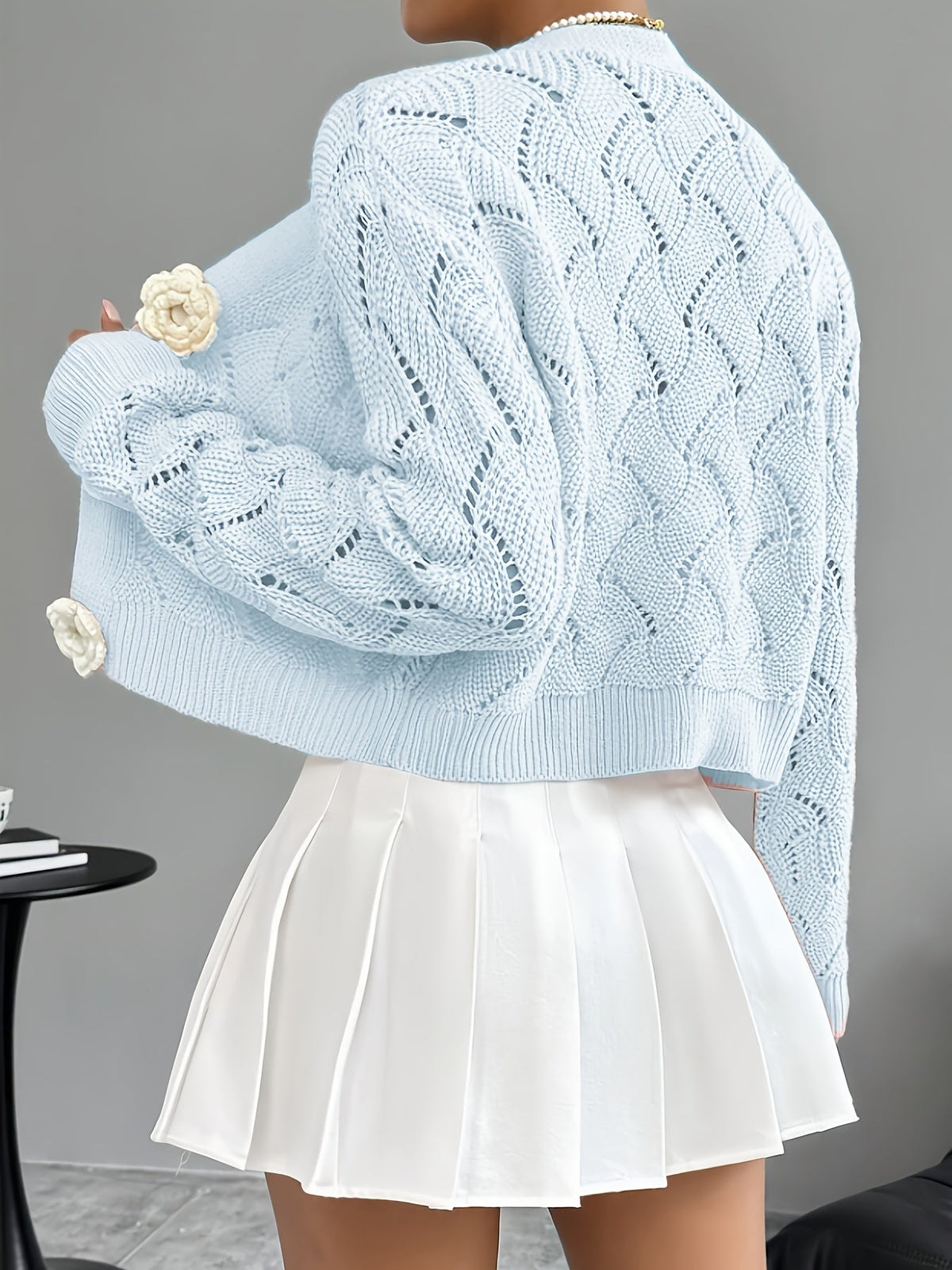 Women's Crochet Knit Cardigan with 3D Floral Buttons – Pointelle Cropped V Neck Knit