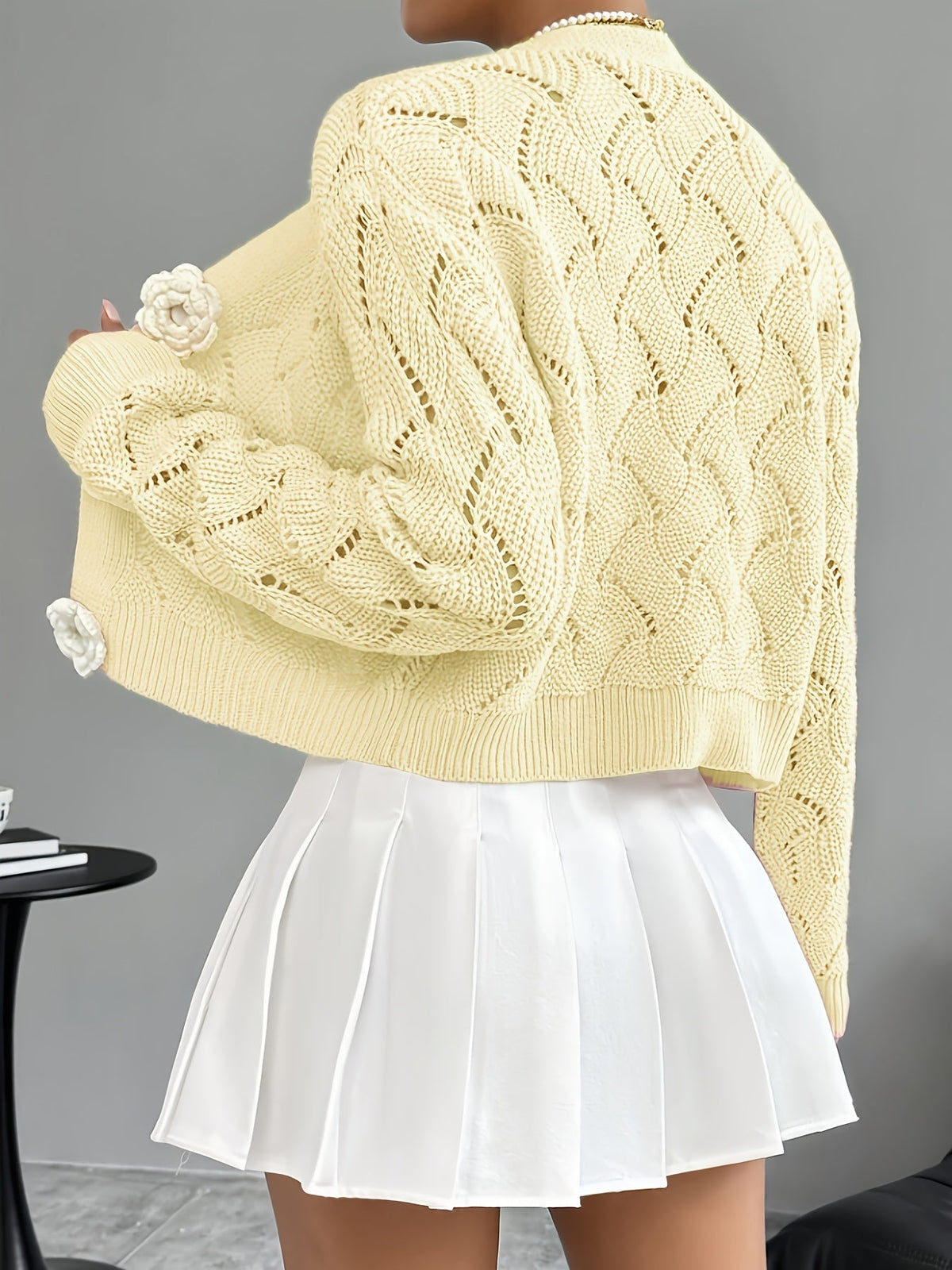Women's Crochet Knit Cardigan with 3D Floral Buttons – Pointelle Cropped V Neck Knit