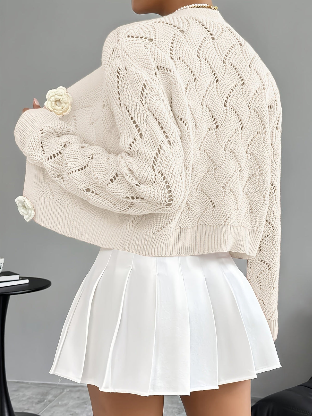Women's Crochet Knit Cardigan with 3D Floral Buttons – Pointelle Cropped V Neck Knit