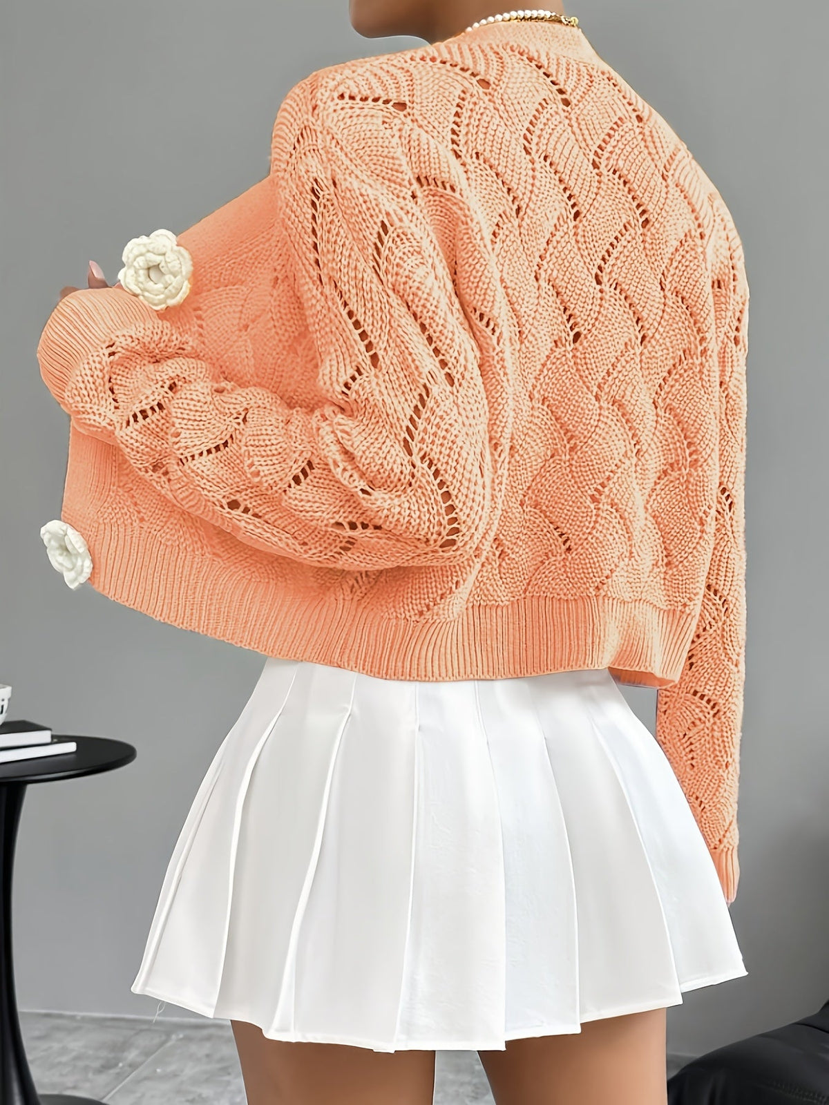 Women's Crochet Knit Cardigan with 3D Floral Buttons – Pointelle Cropped V Neck Knit