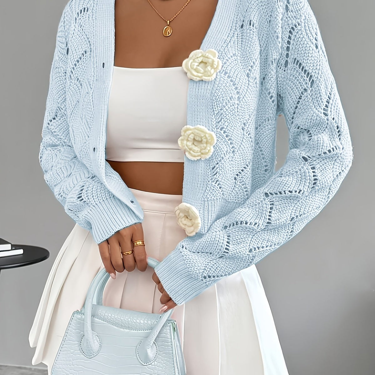 Women's Crochet Knit Cardigan with 3D Floral Buttons – Pointelle Cropped V Neck Knit