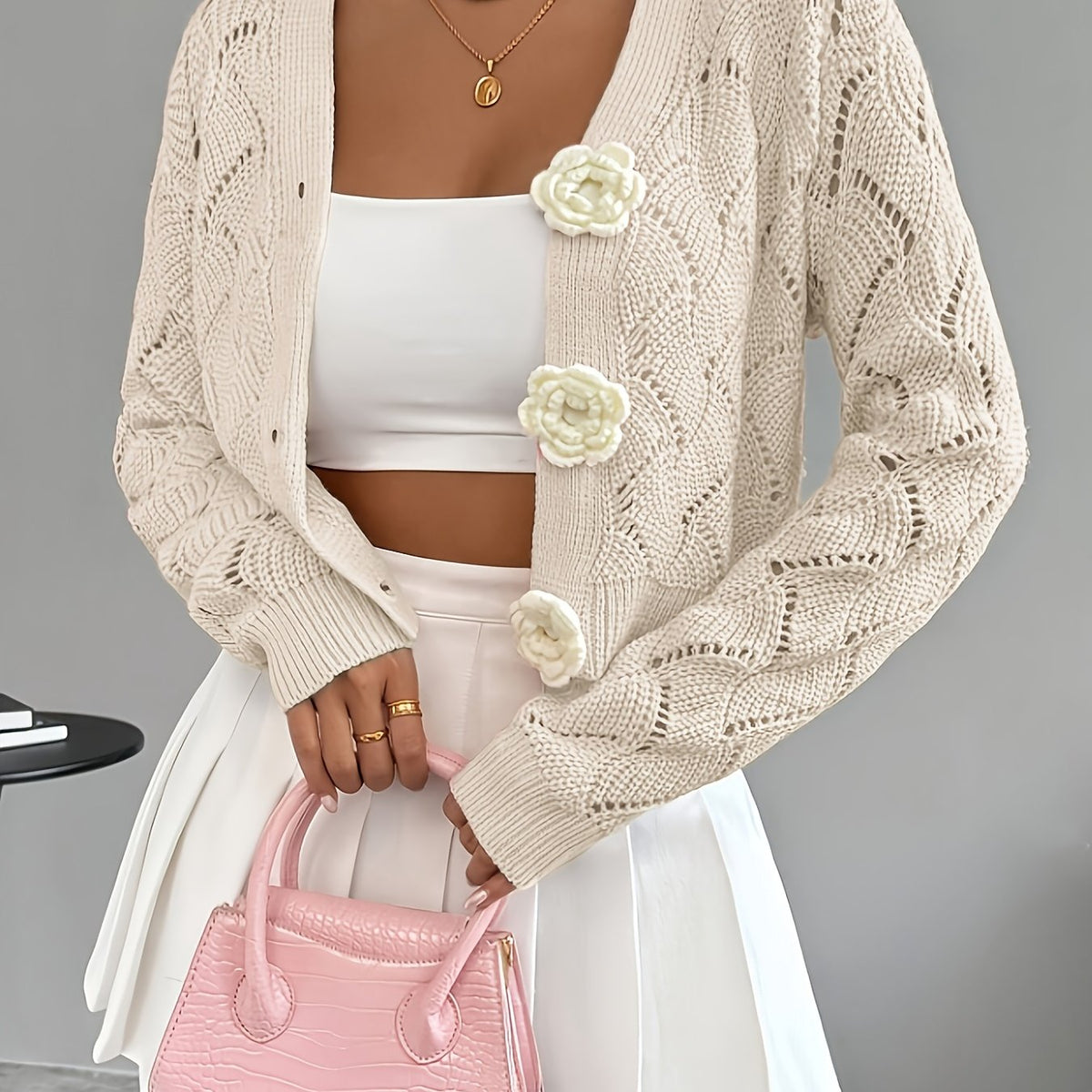 Women's Crochet Knit Cardigan with 3D Floral Buttons – Pointelle Cropped V Neck Knit