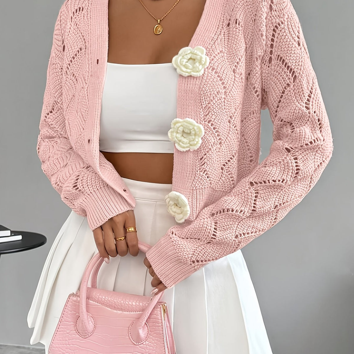 Women's Crochet Knit Cardigan with 3D Floral Buttons – Pointelle Cropped V Neck Knit