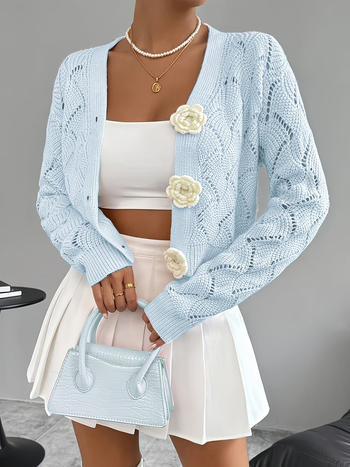 Women's Crochet Knit Cardigan with 3D Floral Buttons – Pointelle Cropped V Neck Knit