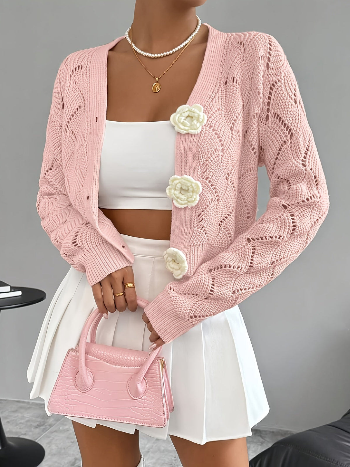 Women's Crochet Knit Cardigan with 3D Floral Buttons – Pointelle Cropped V Neck Knit