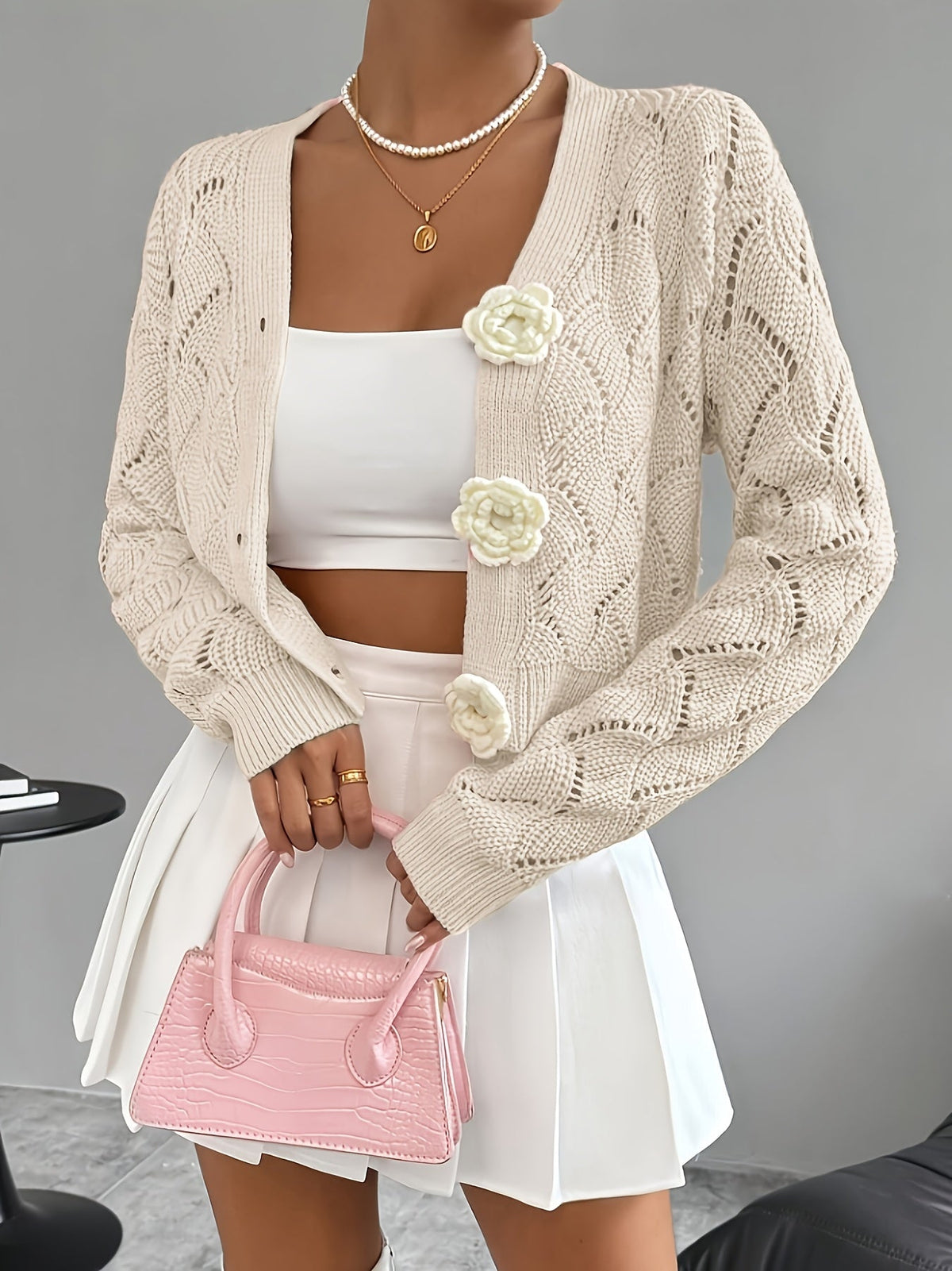 Women's Crochet Knit Cardigan with 3D Floral Buttons – Pointelle Cropped V Neck Knit