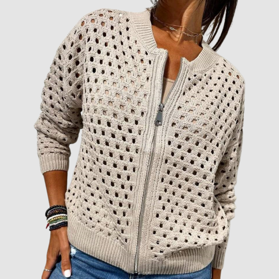 Women's Crochet Look Zip Up Cardigan – Open Knit Bomber Style with Ribbed Trims