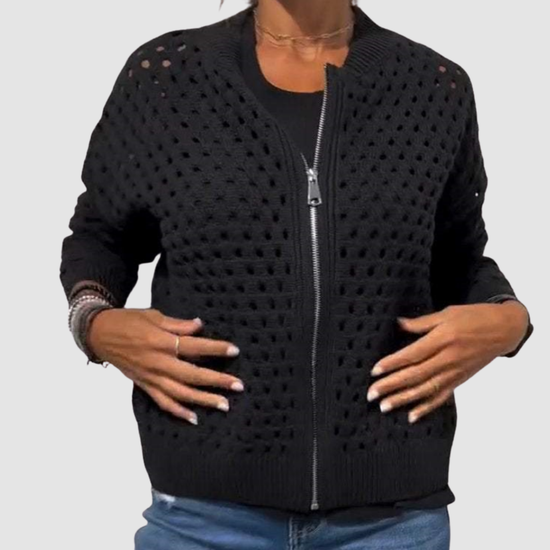 Women's Crochet Look Zip Up Cardigan – Open Knit Bomber Style with Ribbed Trims