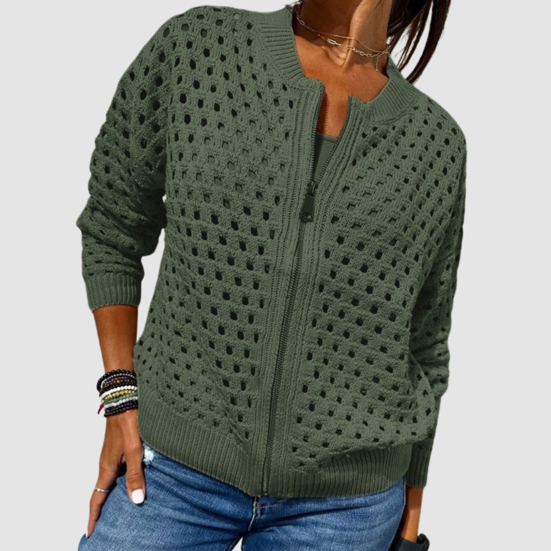Women's Crochet Look Zip Up Cardigan – Open Knit Bomber Style with Ribbed Trims