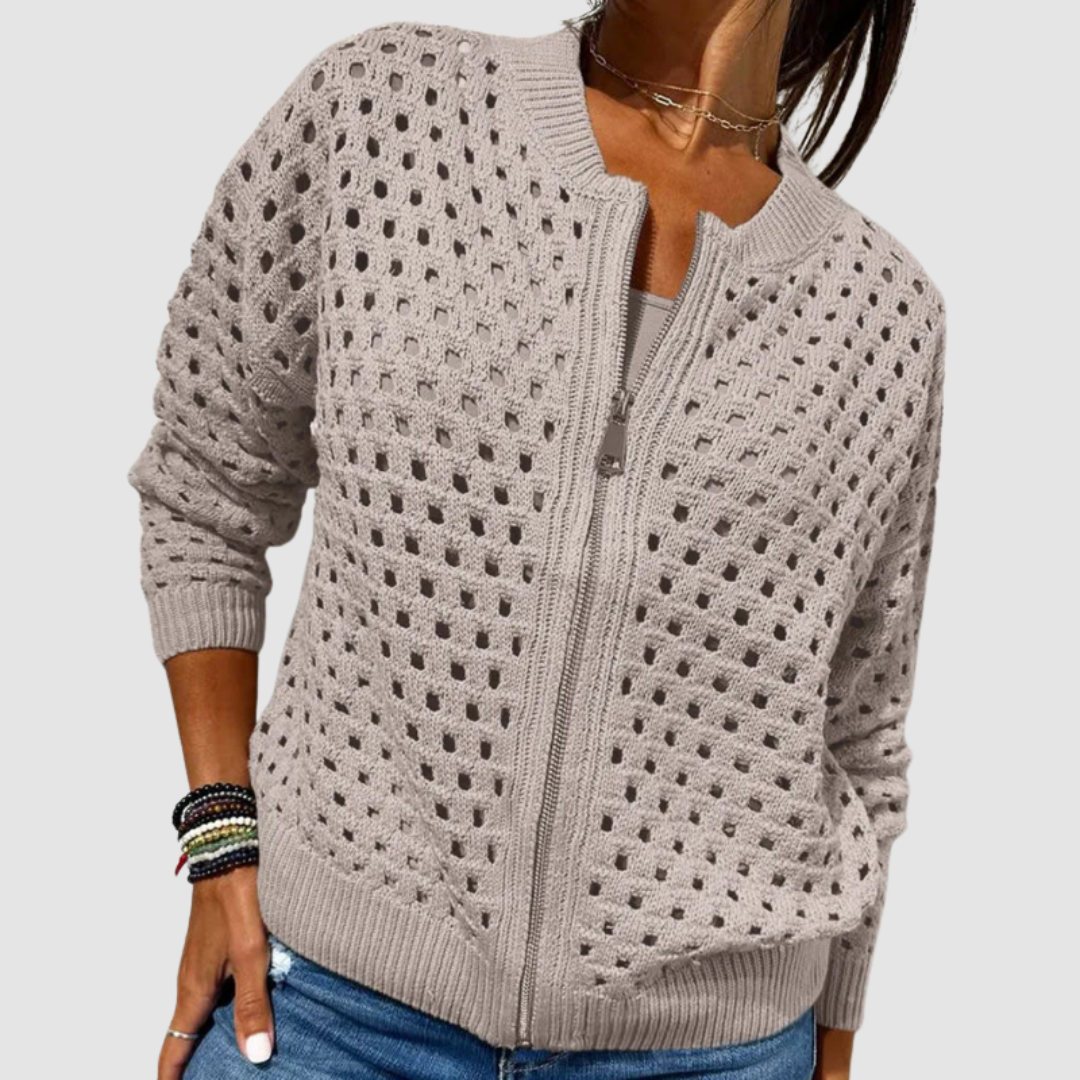 Women's Crochet Look Zip Up Cardigan – Open Knit Bomber Style with Ribbed Trims