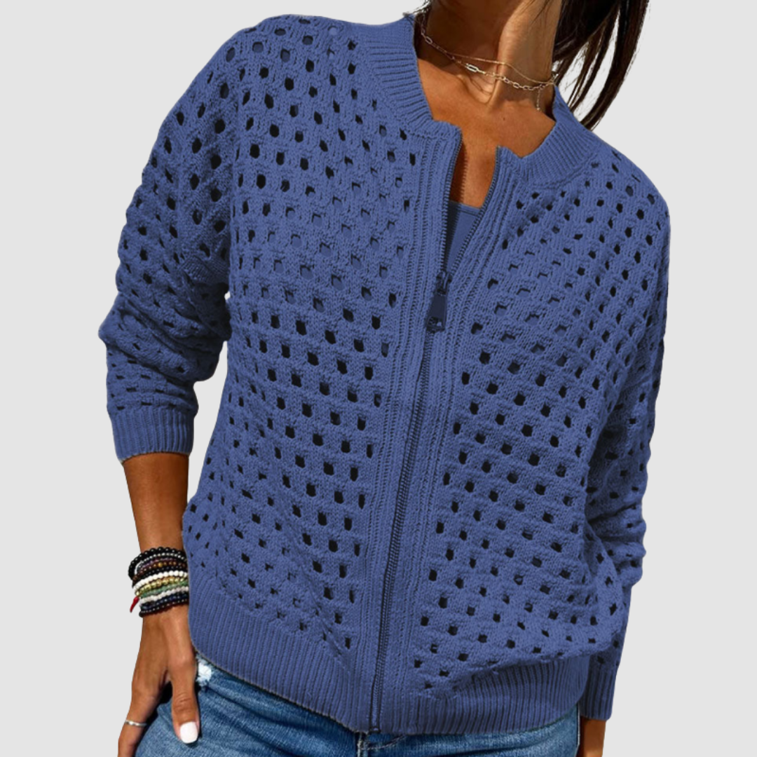 Women's Crochet Look Zip Up Cardigan – Open Knit Bomber Style with Ribbed Trims