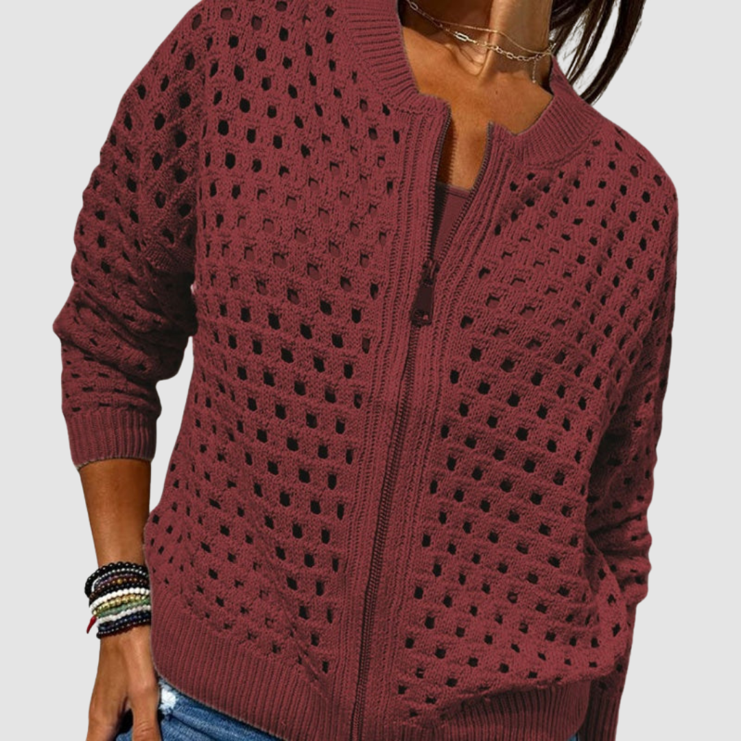 Women's Crochet Look Zip Up Cardigan – Open Knit Bomber Style with Ribbed Trims