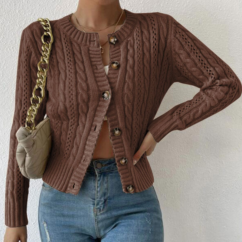Women's Cropped Cable Knit Cardigan – Round Neck Button Front Fitted Knit