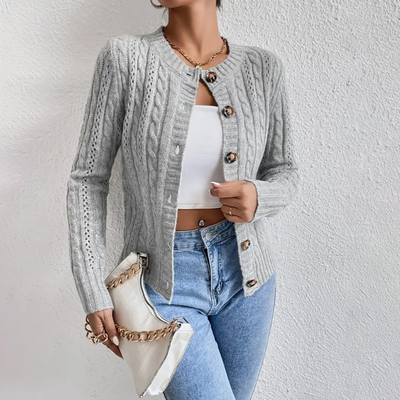 Women's Cropped Cable Knit Cardigan – Round Neck Button Front Fitted Knit