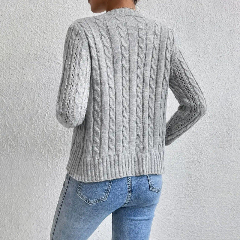 Women's Cropped Cable Knit Cardigan – Round Neck Button Front Fitted Knit