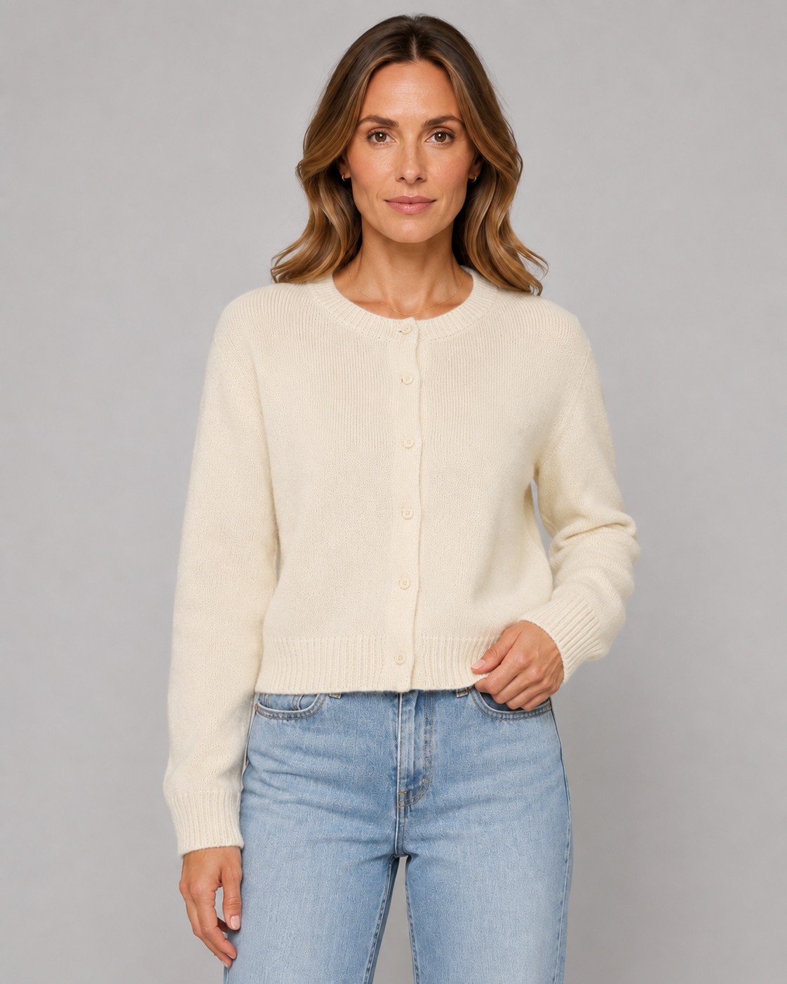 Women's Cropped Crew Neck Button Cardigan