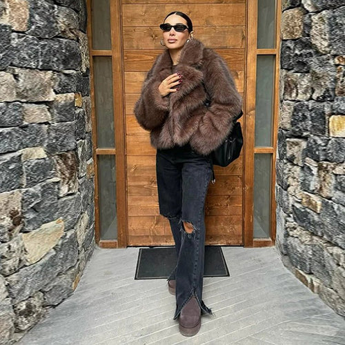Kacob | Women's Cropped Faux Fur Coat – Wide Lapel Faux Fur Jacket