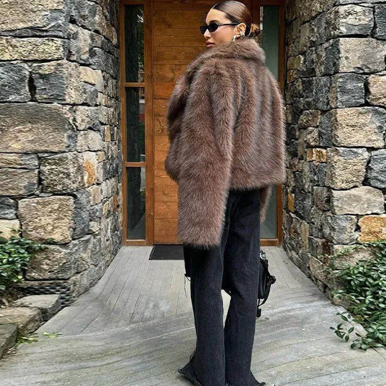 Kacob | Women's Cropped Faux Fur Coat – Wide Lapel Faux Fur Jacket