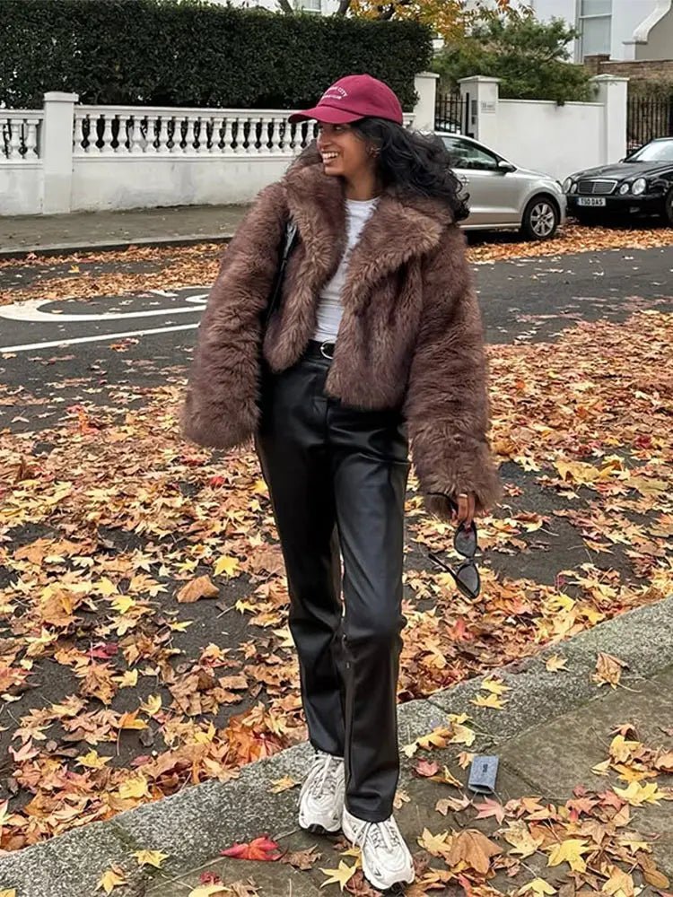 Kacob | Women's Cropped Faux Fur Coat – Wide Lapel Faux Fur Jacket