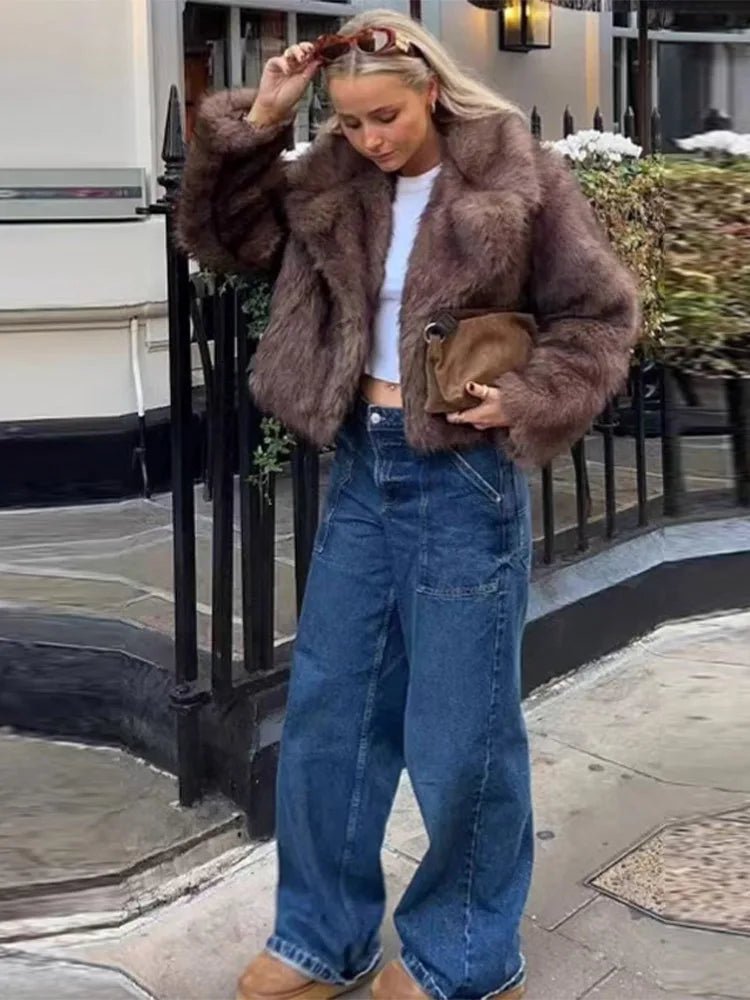Kacob | Women's Cropped Faux Fur Coat – Wide Lapel Faux Fur Jacket