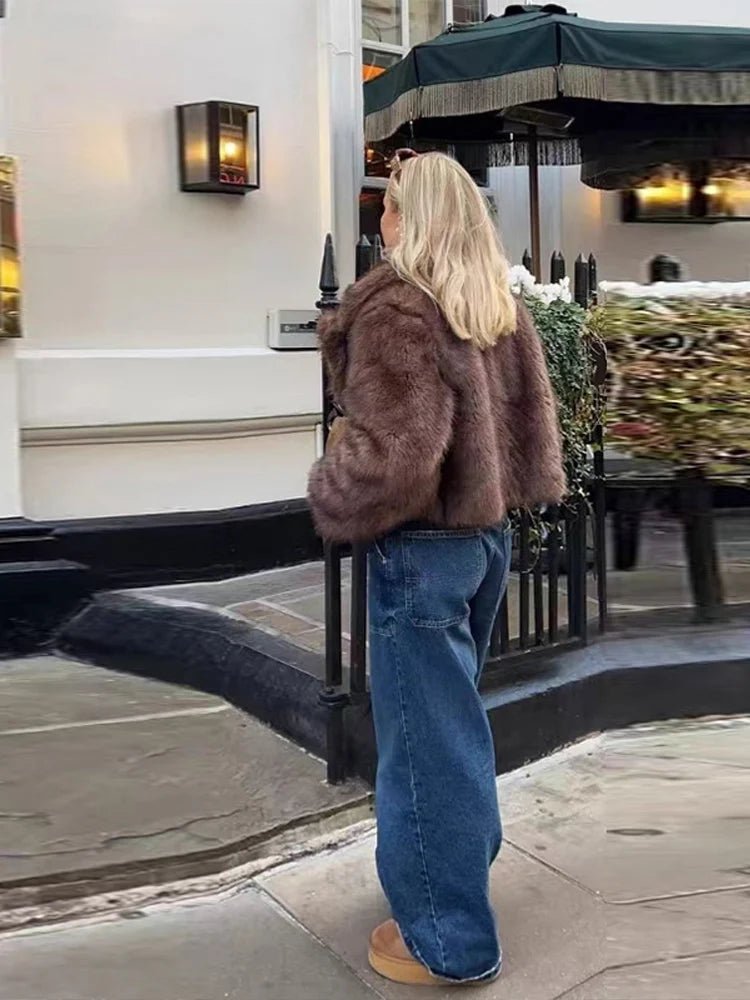 Kacob | Women's Cropped Faux Fur Coat – Wide Lapel Faux Fur Jacket