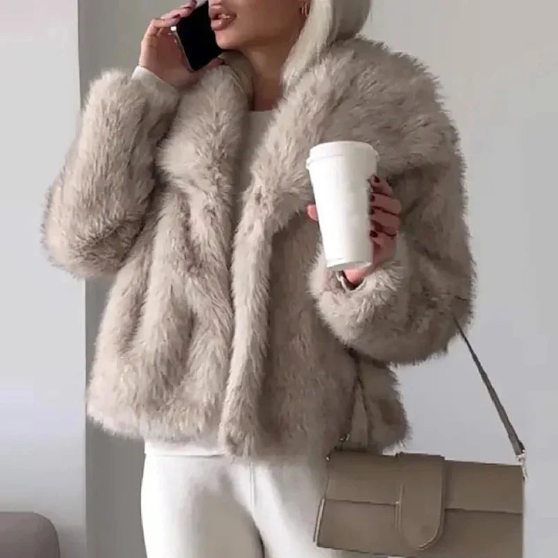 Kacob | Women's Cropped Faux Fur Jacket – Open Front Fluffy Jacket