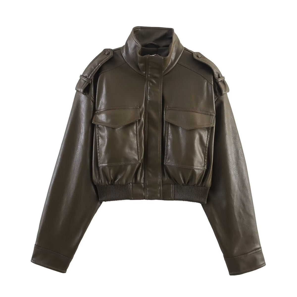 Kacob | Women's Cropped Faux Leather Bomber Jacket – Stand Collar Flap Pocket Jacket
