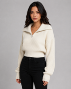 Women's Cropped Half-Zip Ribbed Jumper – Funnel Neck