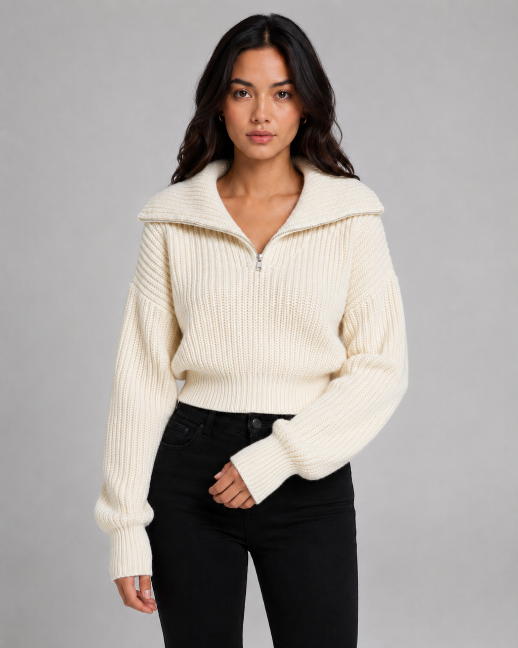Women's Cropped Half-Zip Ribbed Jumper – Funnel Neck