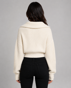 Women's Cropped Half-Zip Ribbed Jumper – Funnel Neck