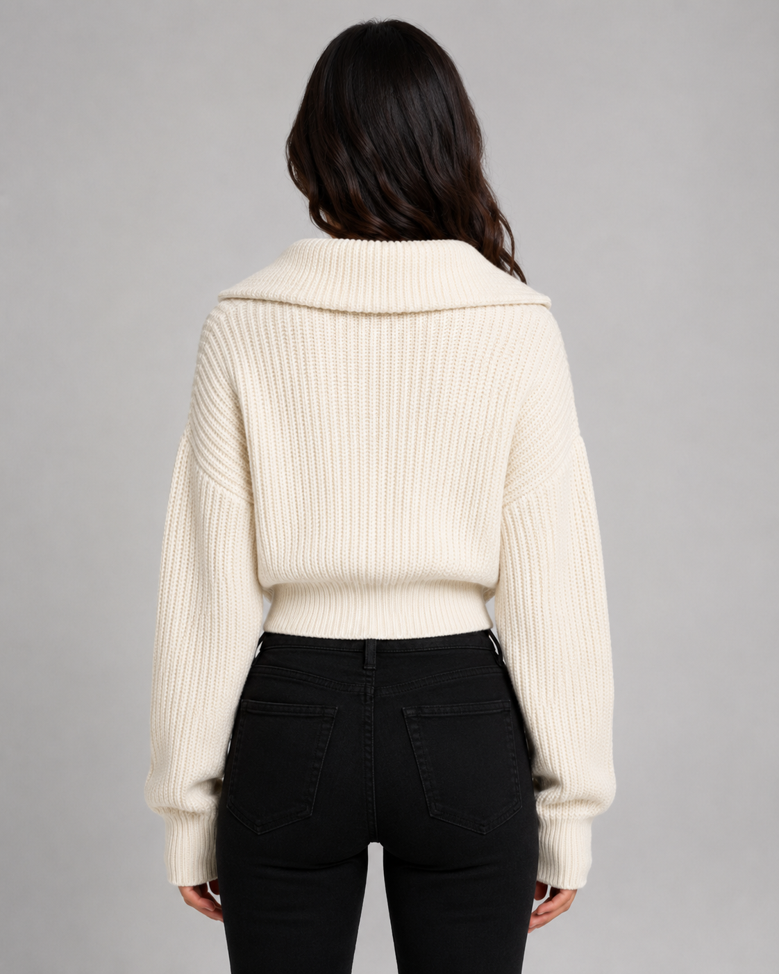 Women's Cropped Half-Zip Ribbed Jumper – Funnel Neck