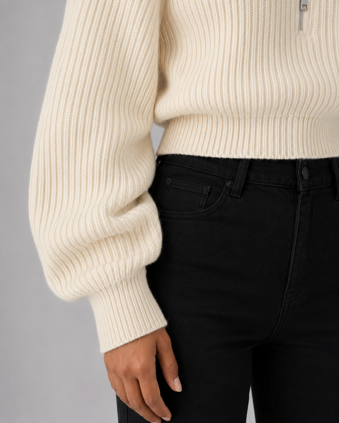 Women's Cropped Half-Zip Ribbed Jumper – Funnel Neck