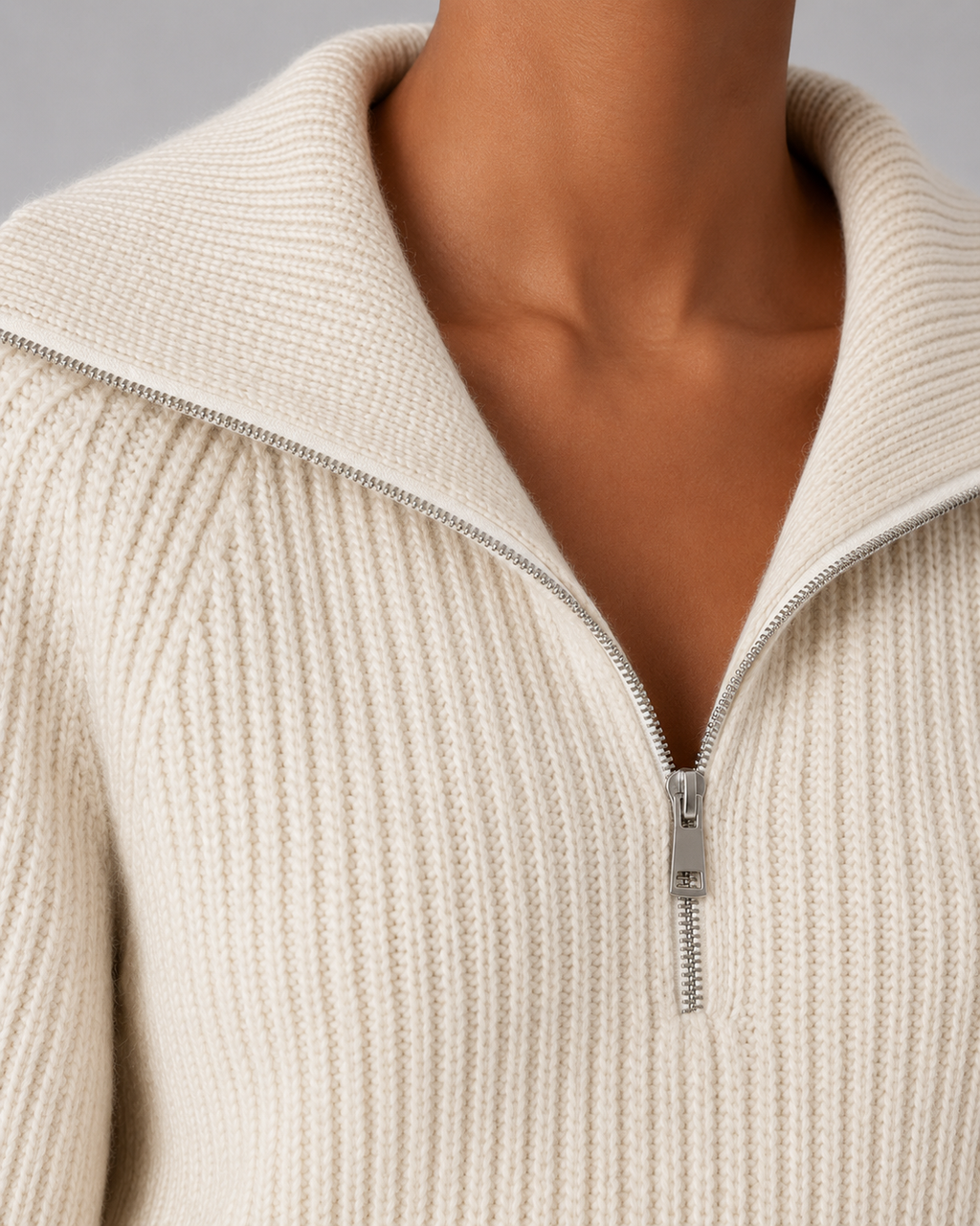 Women's Cropped Half-Zip Ribbed Jumper – Funnel Neck