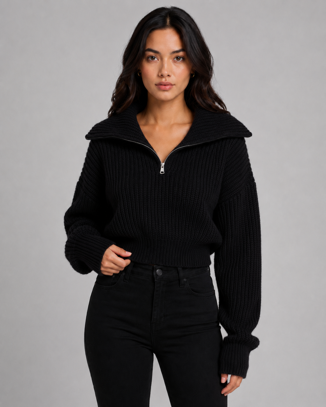 Women's Cropped Half-Zip Ribbed Jumper – Funnel Neck