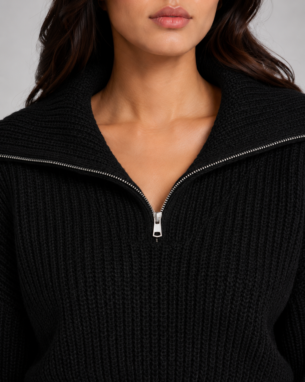 Women's Cropped Half-Zip Ribbed Jumper – Funnel Neck