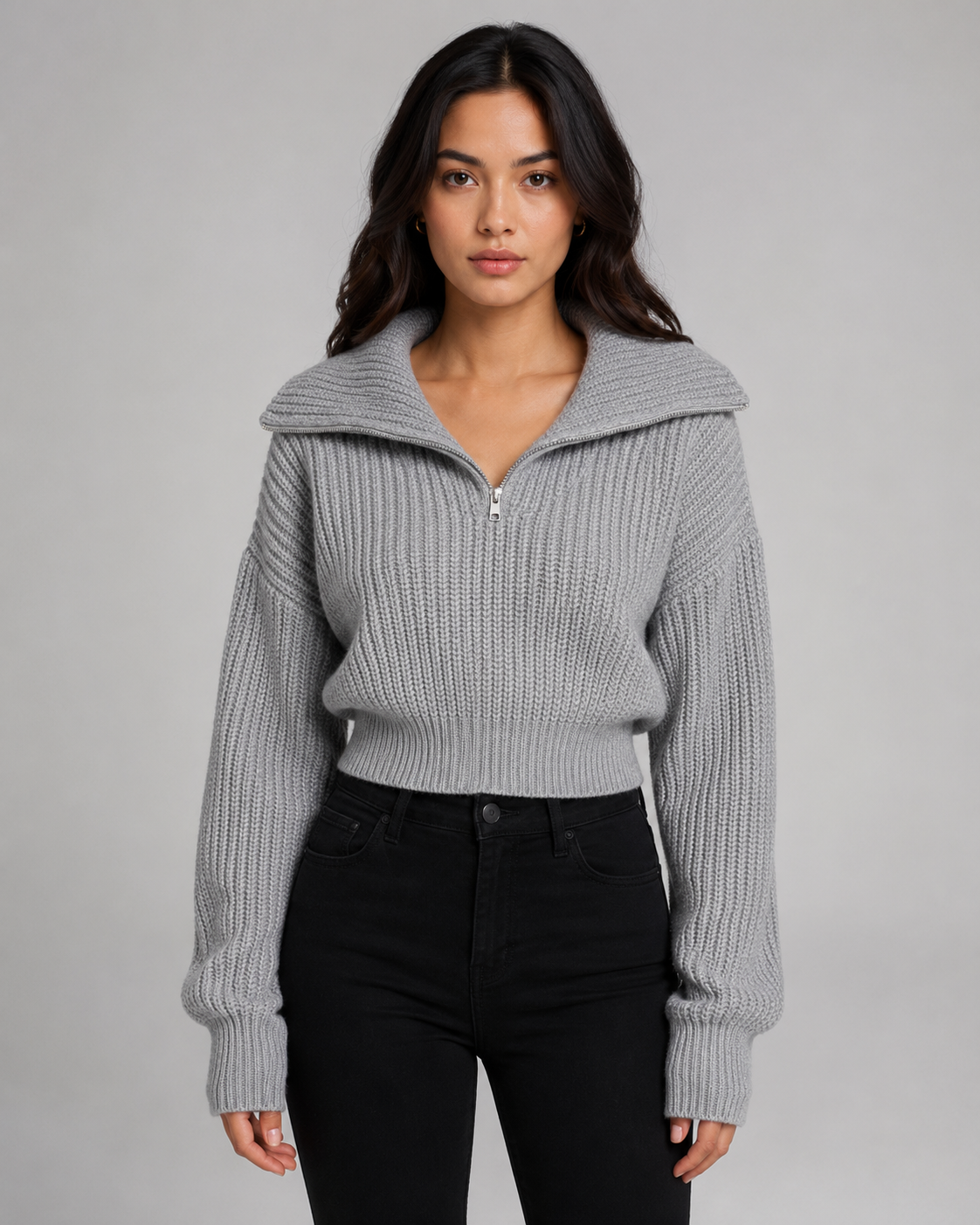 Women's Cropped Half-Zip Ribbed Jumper – Funnel Neck