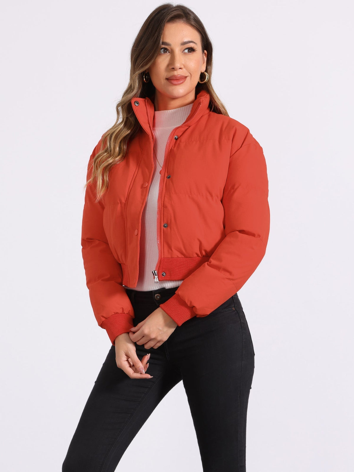 Kacob | Women's Cropped Padded Bomber Jacket – Stand Collar Zip Front Puffer with Ribbed Hem
