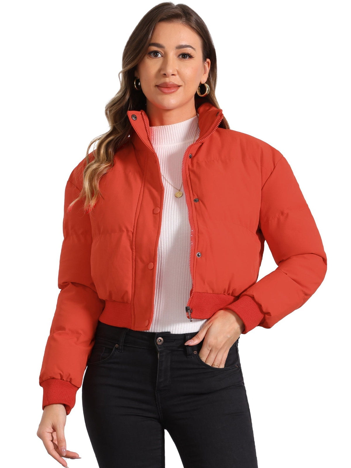 Kacob | Women's Cropped Padded Bomber Jacket – Stand Collar Zip Front Puffer with Ribbed Hem