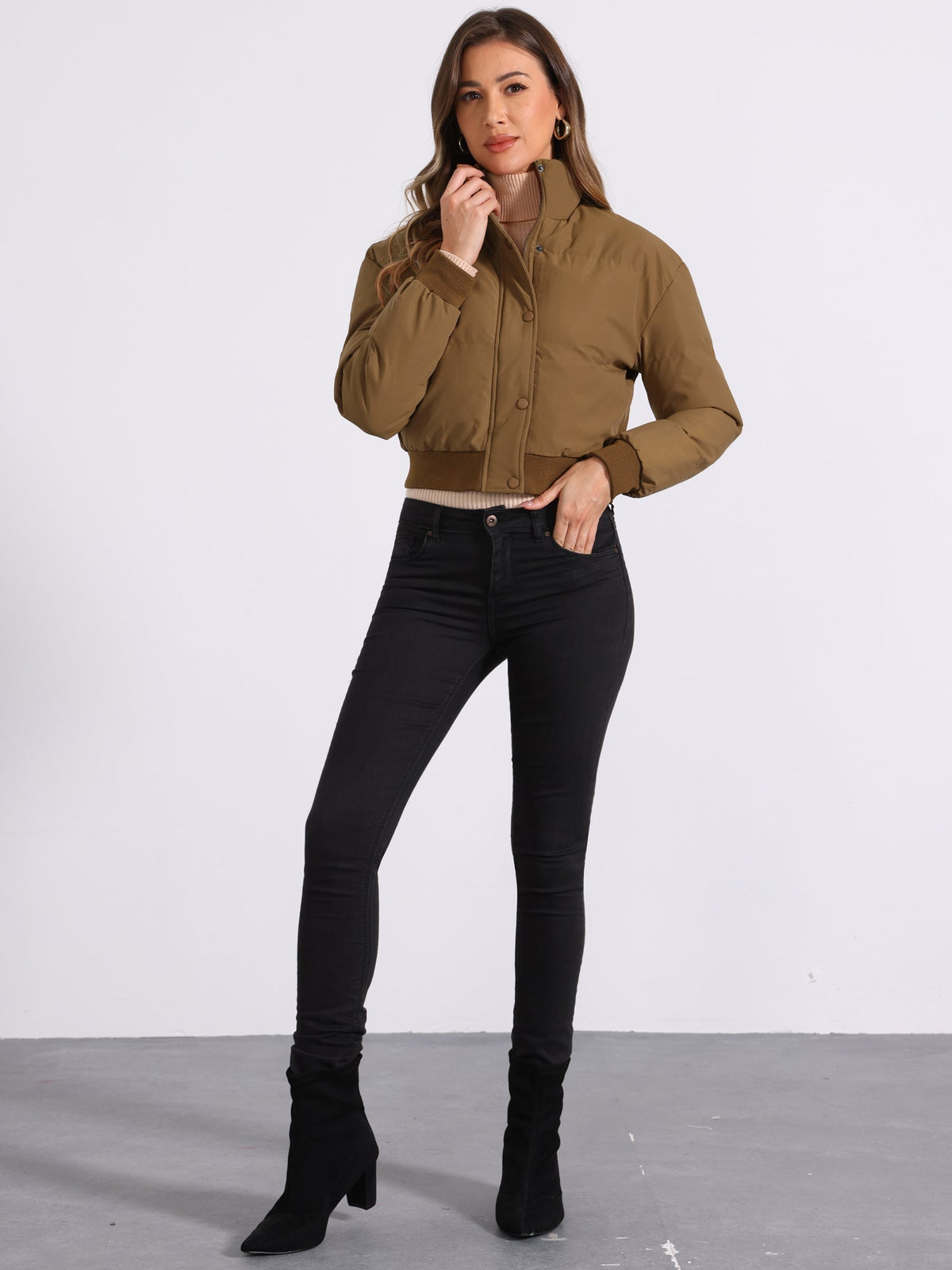 Kacob | Women's Cropped Padded Bomber Jacket – Stand Collar Zip Front Puffer with Ribbed Hem