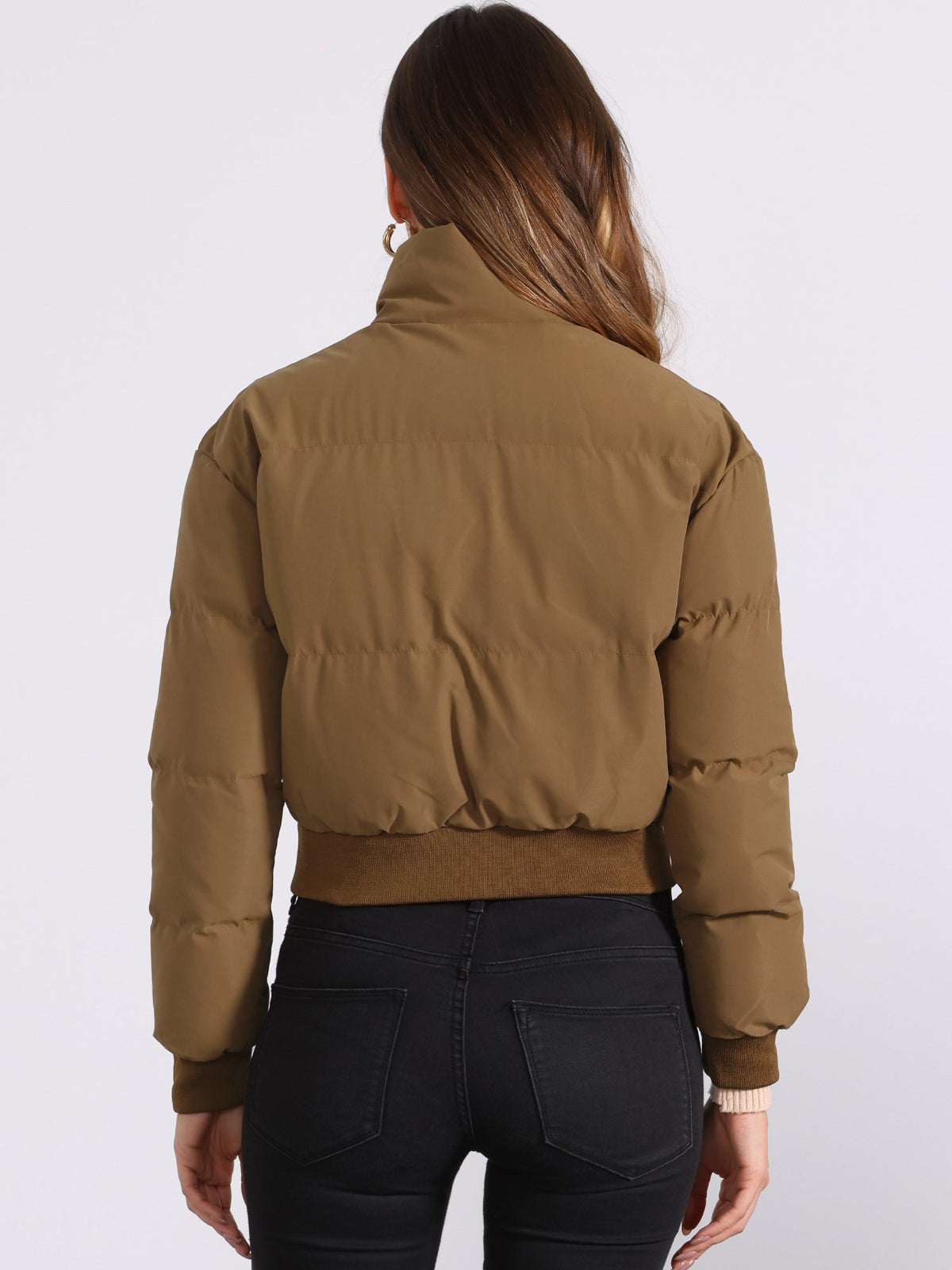 Kacob | Women's Cropped Padded Bomber Jacket – Stand Collar Zip Front Puffer with Ribbed Hem