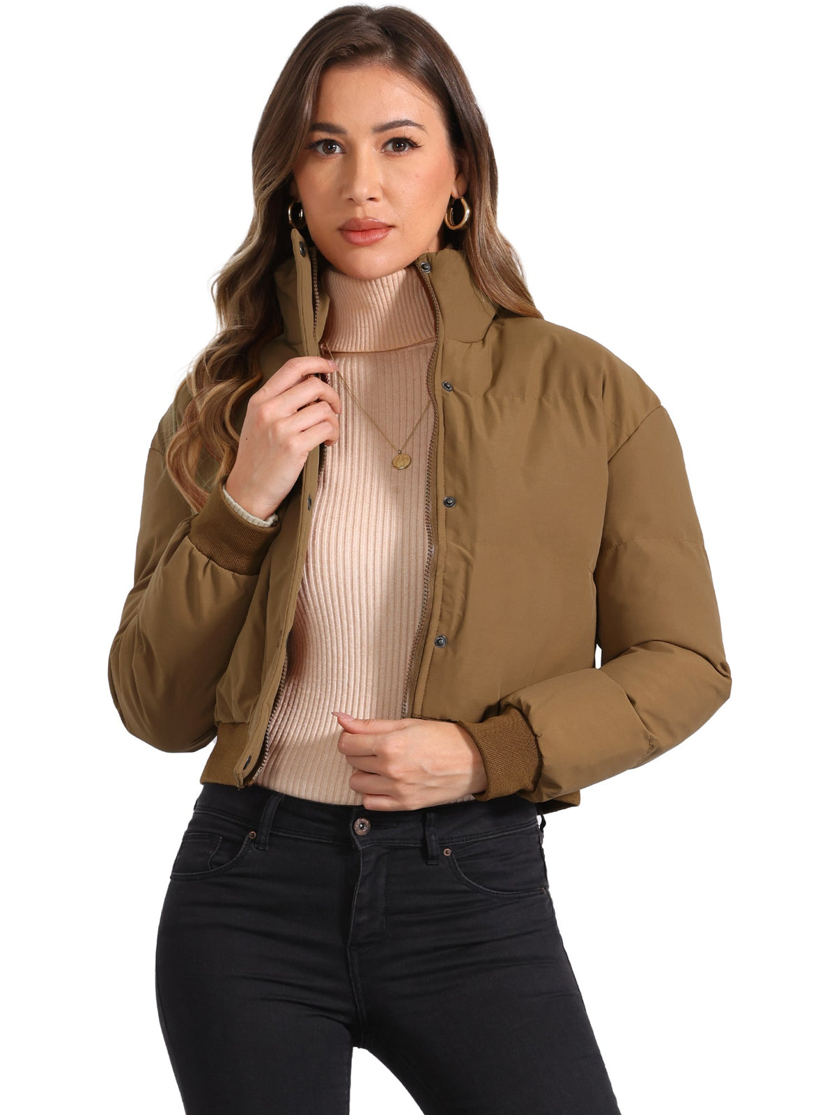 Kacob | Women's Cropped Padded Bomber Jacket – Stand Collar Zip Front Puffer with Ribbed Hem