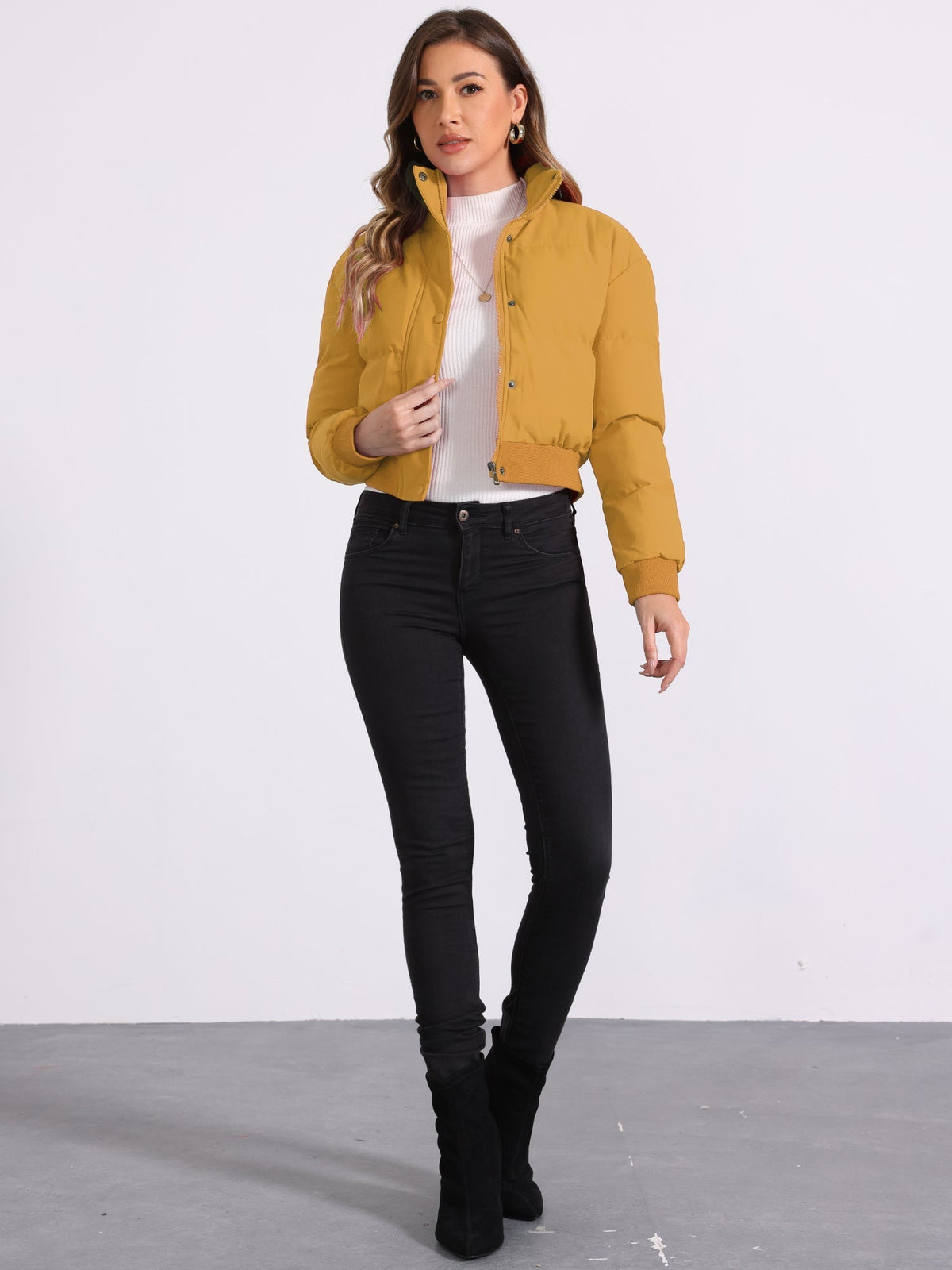 Kacob | Women's Cropped Padded Bomber Jacket – Stand Collar Zip Front Puffer with Ribbed Hem
