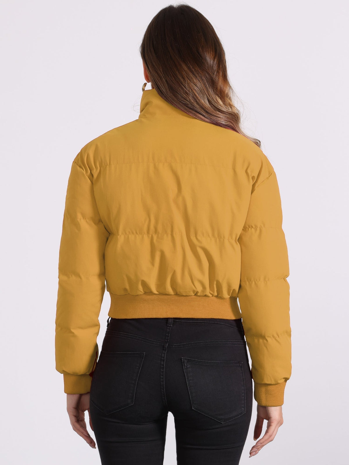 Kacob | Women's Cropped Padded Bomber Jacket – Stand Collar Zip Front Puffer with Ribbed Hem