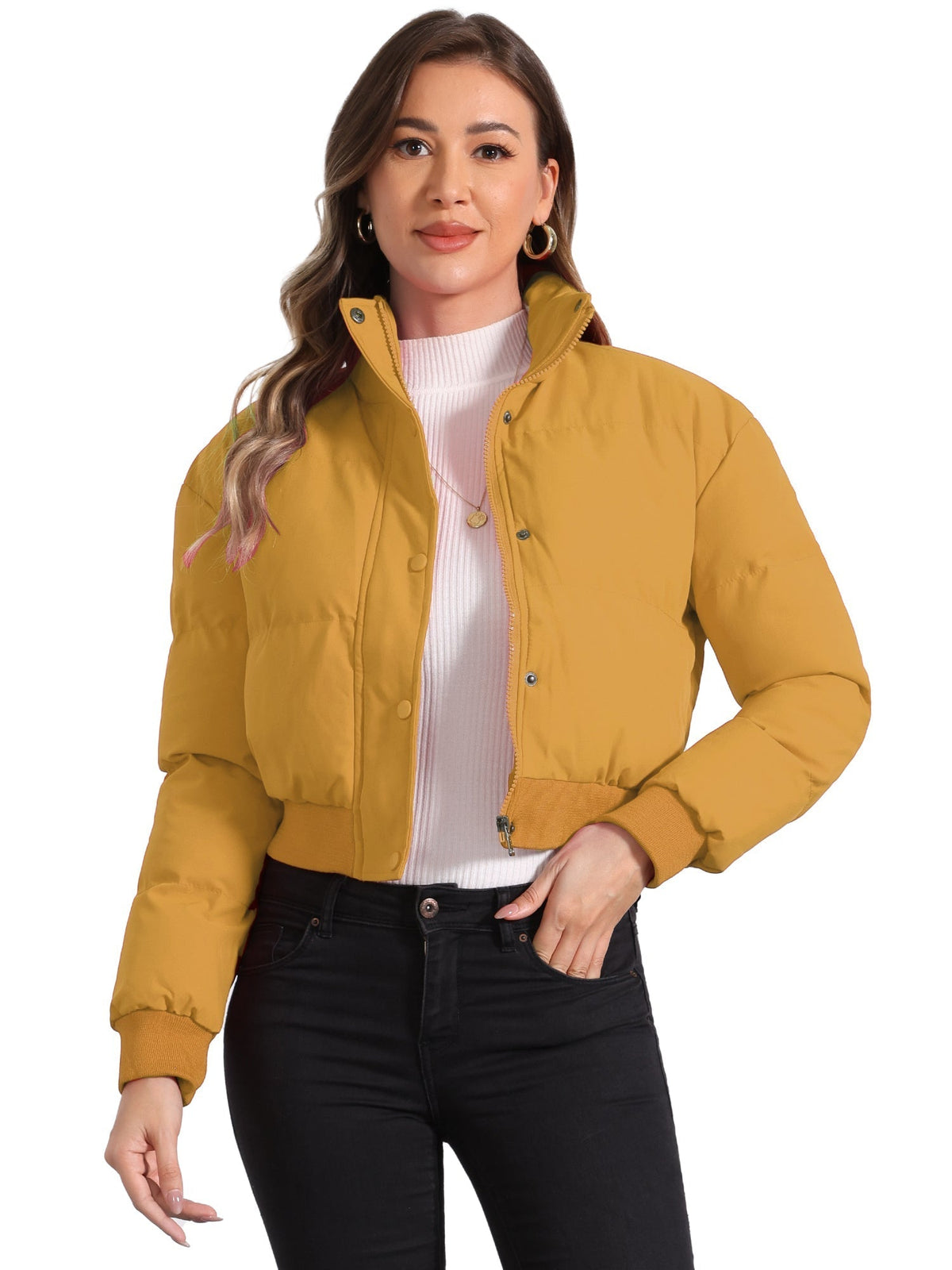 Kacob | Women's Cropped Padded Bomber Jacket – Stand Collar Zip Front Puffer with Ribbed Hem