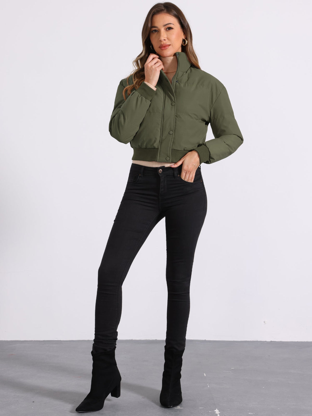 Kacob | Women's Cropped Padded Bomber Jacket – Stand Collar Zip Front Puffer with Ribbed Hem