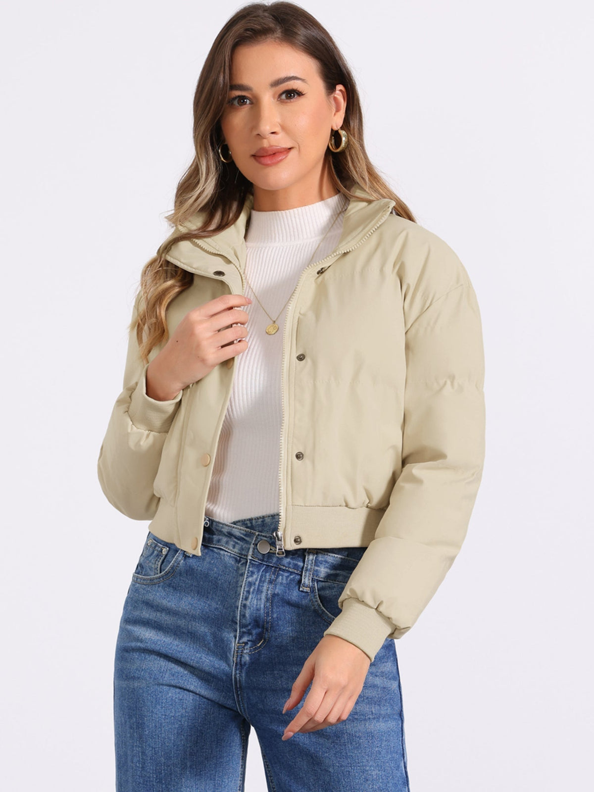 Kacob | Women's Cropped Padded Bomber Jacket – Stand Collar Zip Front Puffer with Ribbed Hem