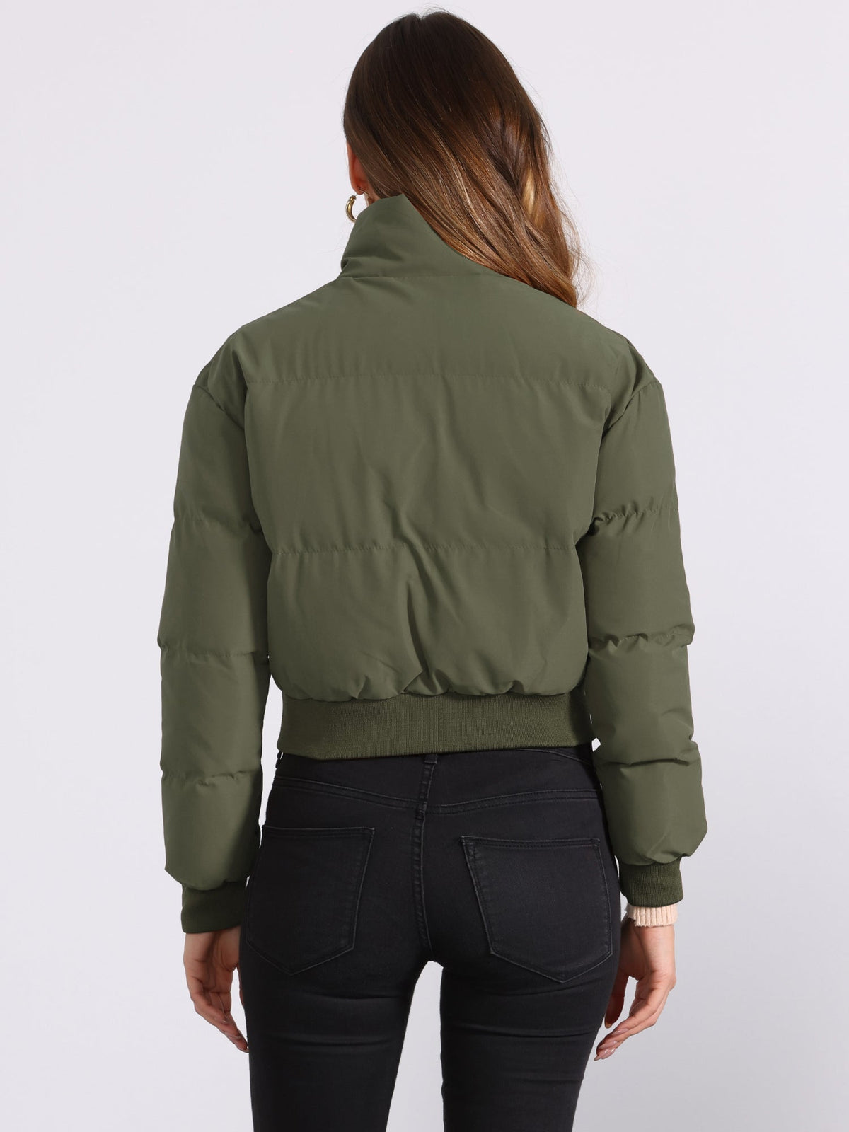 Kacob | Women's Cropped Padded Bomber Jacket – Stand Collar Zip Front Puffer with Ribbed Hem