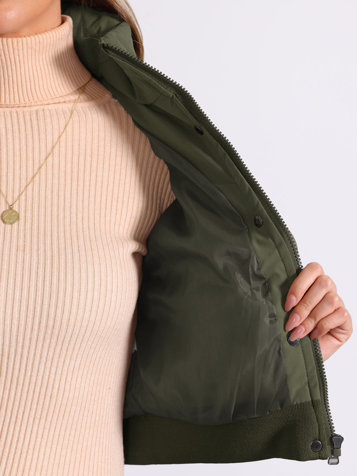 Kacob | Women's Cropped Padded Bomber Jacket – Stand Collar Zip Front Puffer with Ribbed Hem