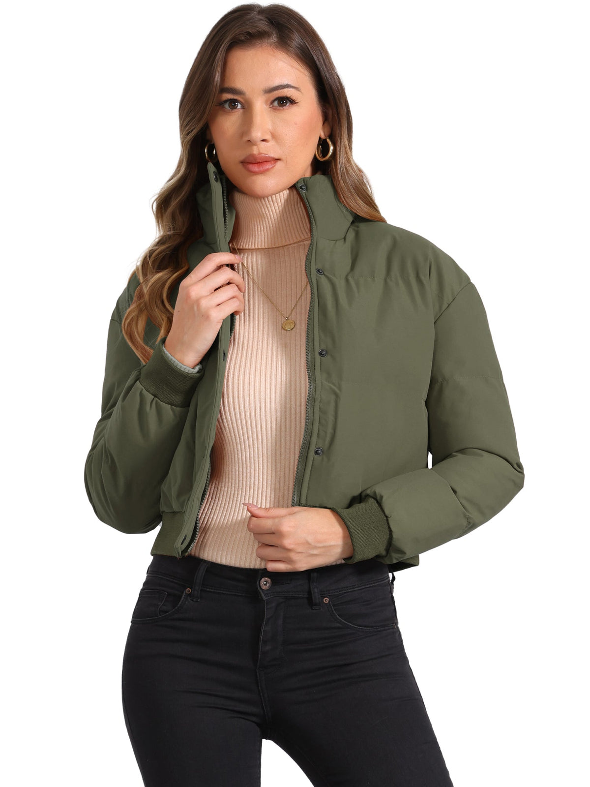 Kacob | Women's Cropped Padded Bomber Jacket – Stand Collar Zip Front Puffer with Ribbed Hem