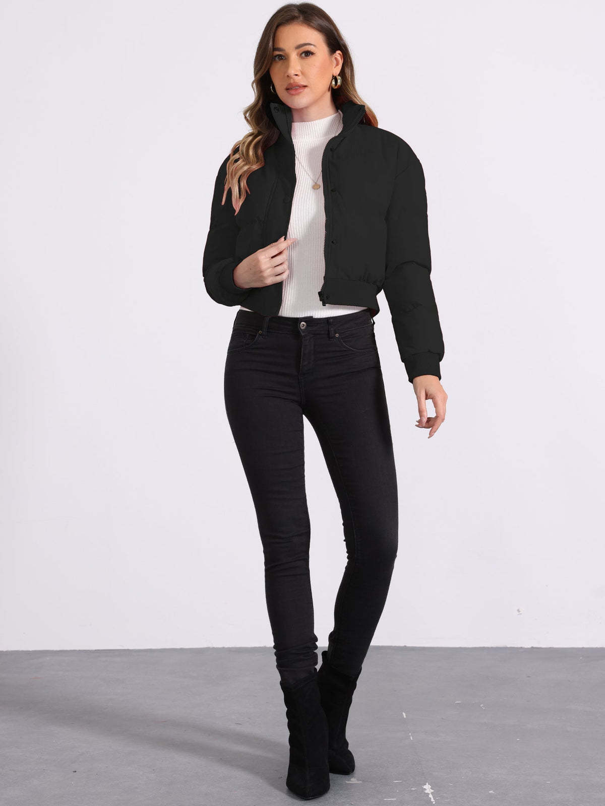 Kacob | Women's Cropped Padded Bomber Jacket – Stand Collar Zip Front Puffer with Ribbed Hem